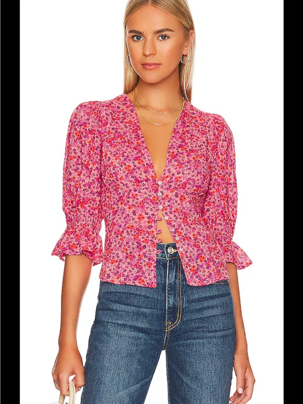 Free People Top Women’s Large I Found You Floral Button Front Puff Sleeve B24
